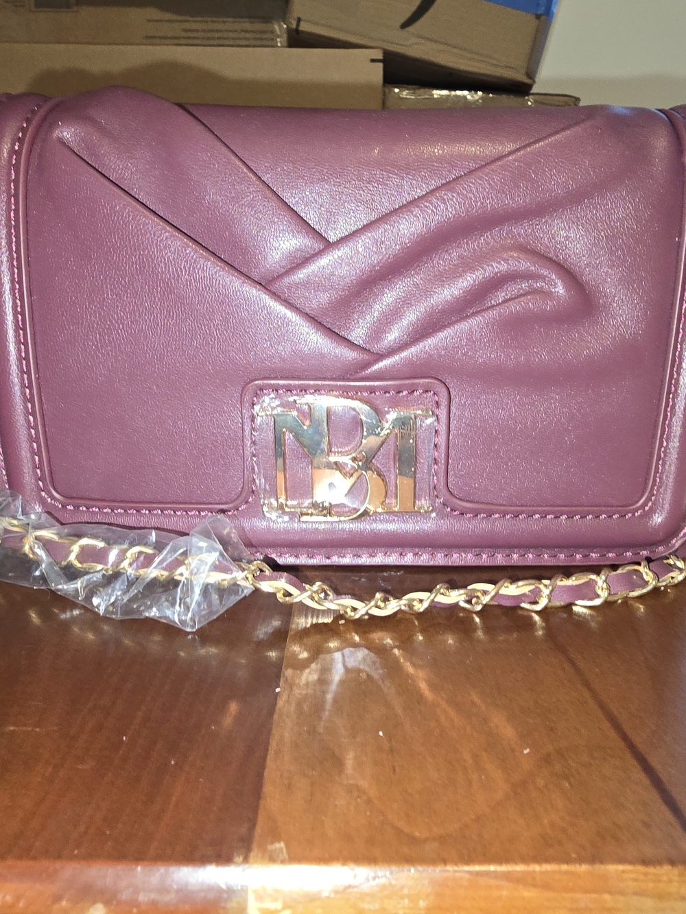 Badgley Mischka NWT Plum Colored Small Pleated Crossbody with Chain Strap